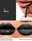 Delineador de Labios Plumping Lip Liner Black 12 Ruby Kisses, ficha del tono, con el color aplicado en los labios