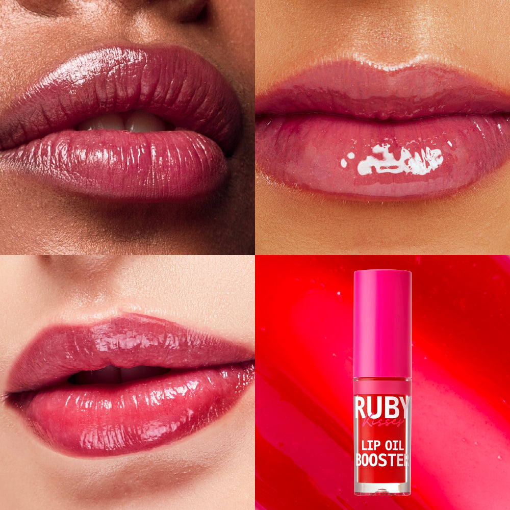 Tres primeros planos de labios con brillo en distintos tonos de piel y el frasco de Lip Oil Booster de Ruby Kisses