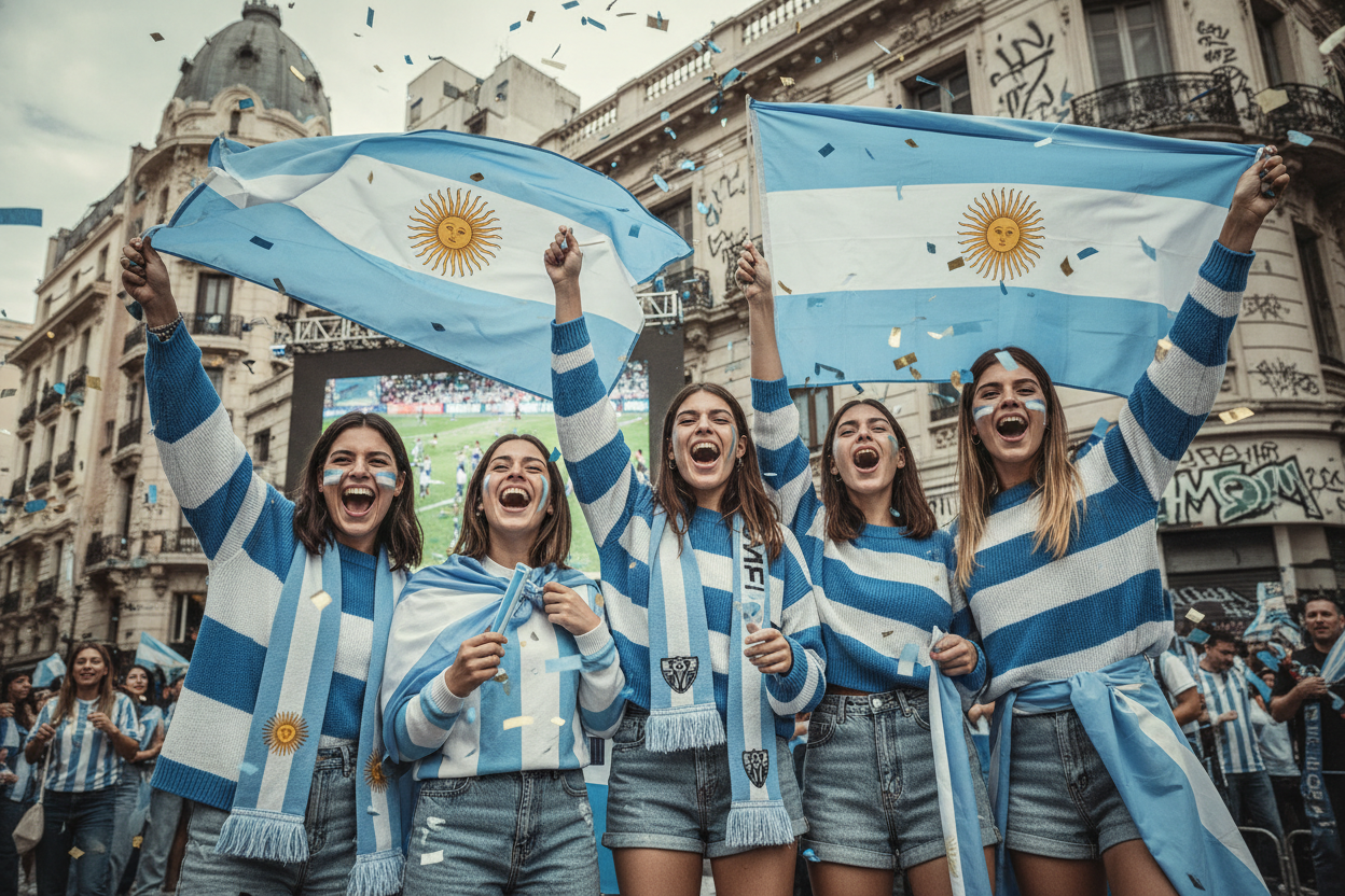 Grupo de amigas festejando en la calle con banderas argentinas y confeti