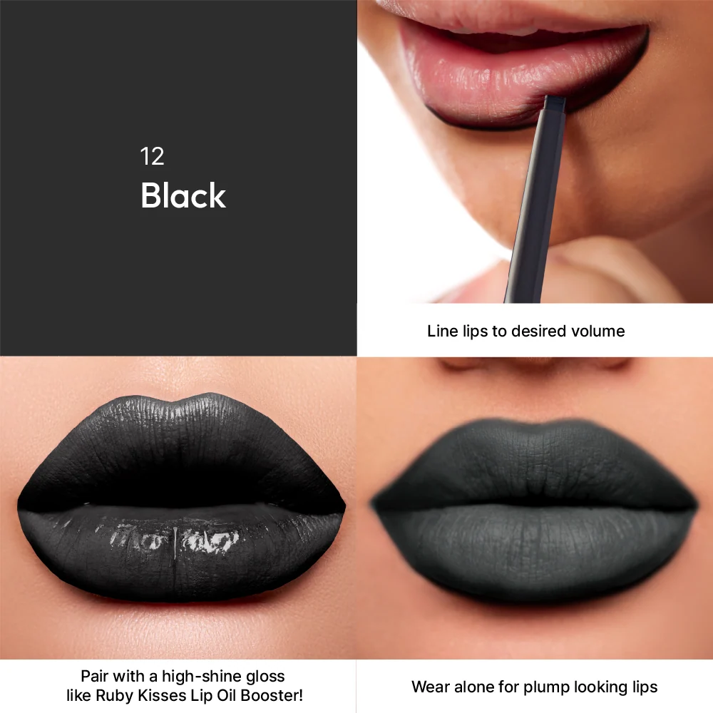 Delineador de Labios Plumping Lip Liner Black 12 Ruby Kisses, ficha del tono, con el color aplicado en los labios