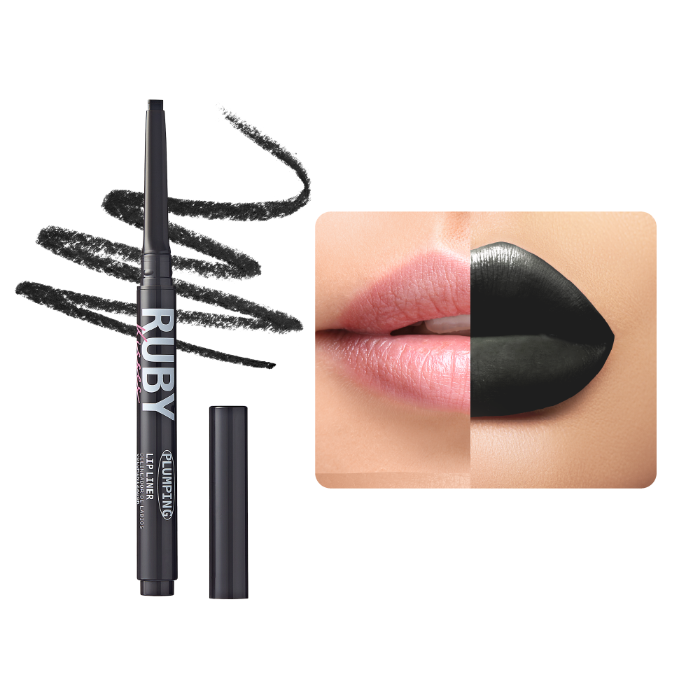 Delineador de Labios Plumping Lip Liner Black 12 Ruby Kisses, el producto junto al tono aplicado en los labios