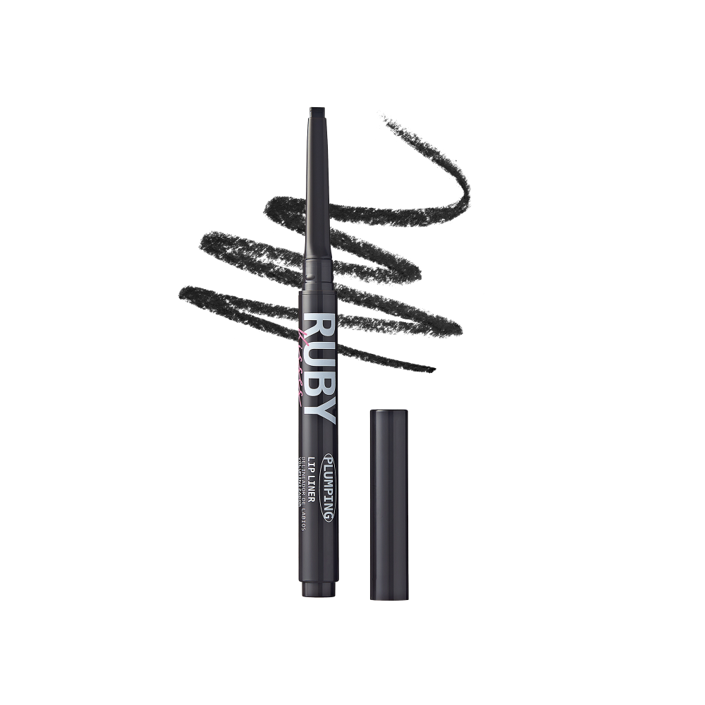 Delineador de Labios Plumping Lip Liner Black 12 Ruby Kisses, el envase junto a una muestra del color